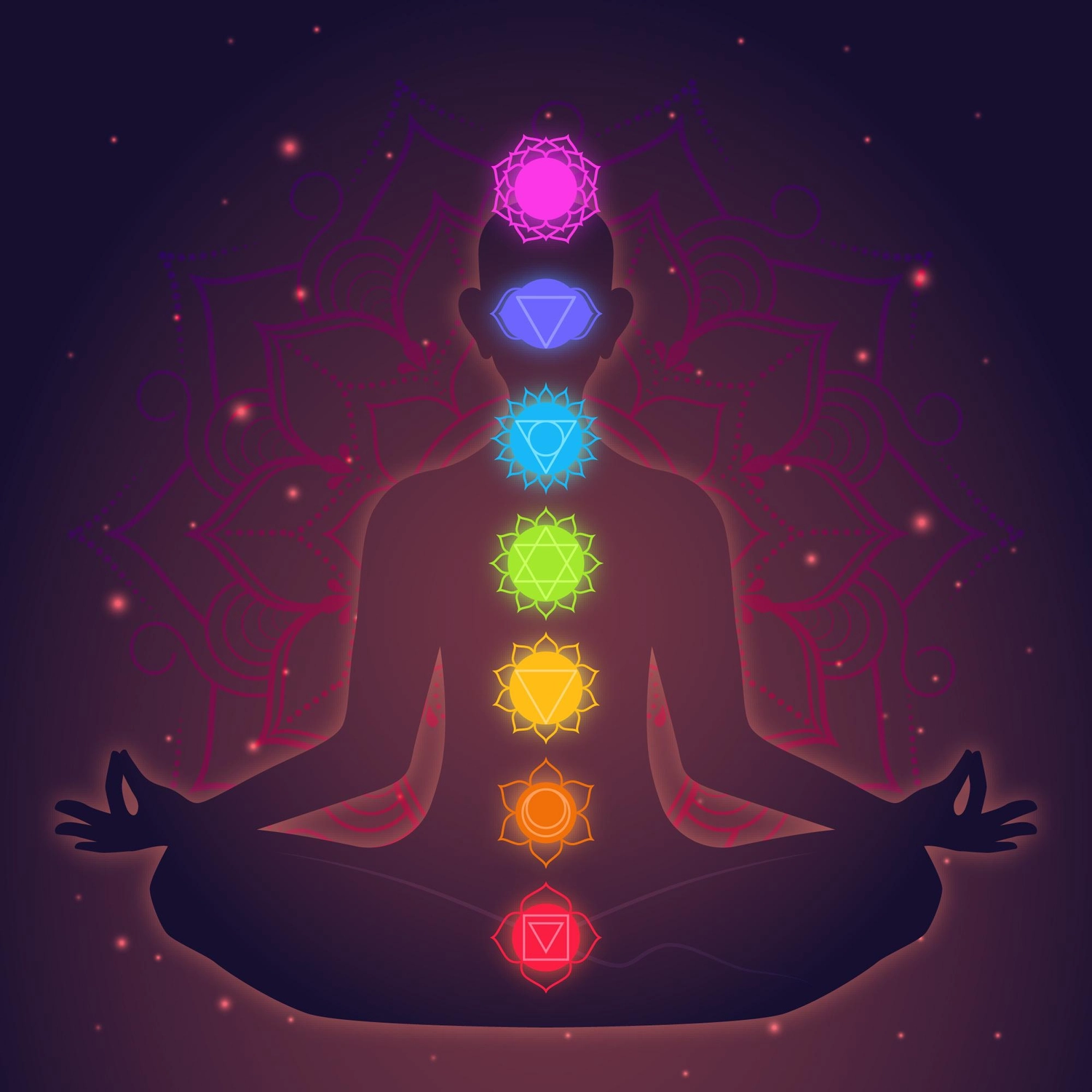 NumeroWunder - Numerologin und Thetahealing Praktikerin - Chakra Analyse & Blockaden: Leuchtende, mehrfarbige Chakra-Symbole sind auf einer Silhouette einer meditierenden Figur angeordnet.