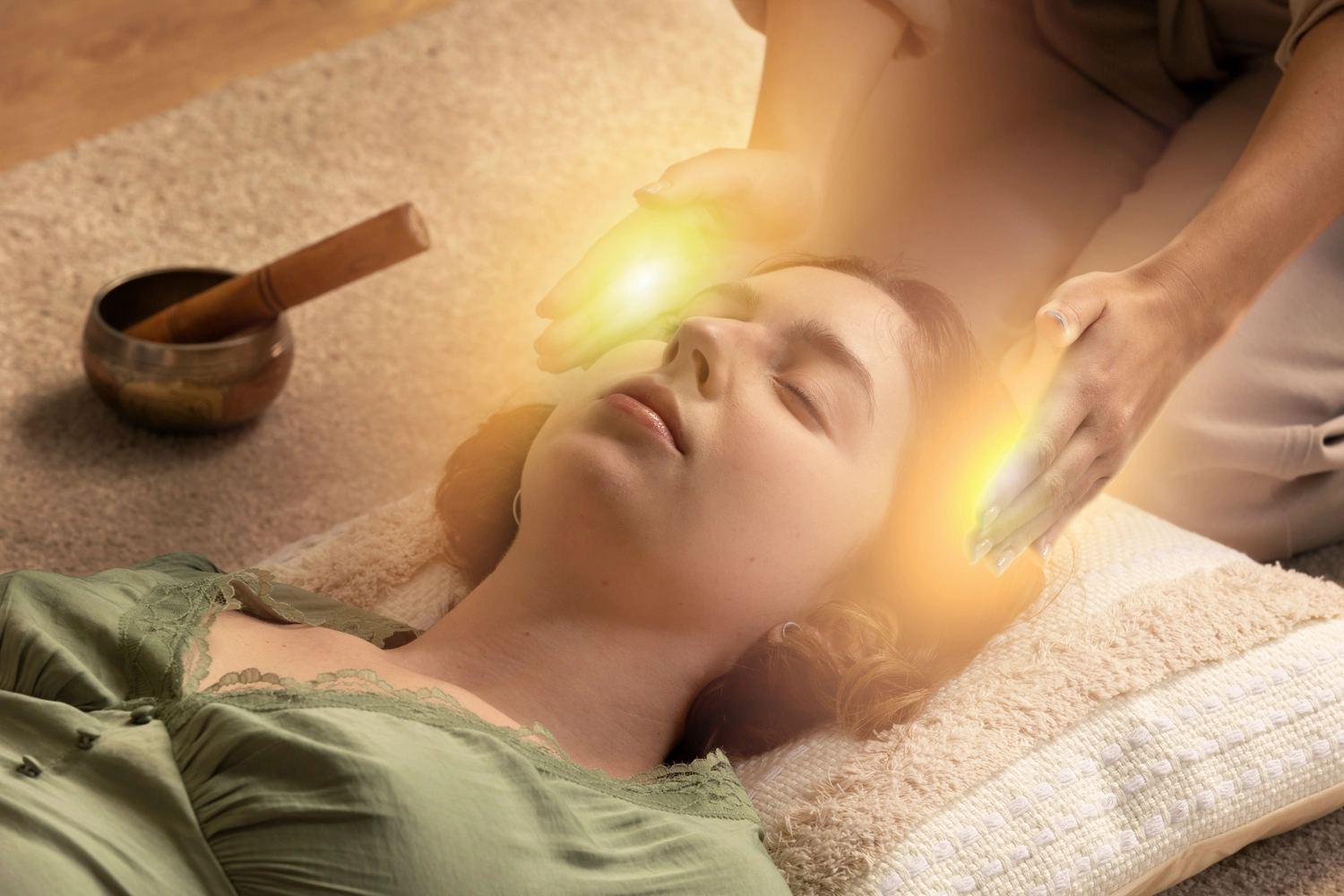 NumeroWunder - Numerologin und Thetahealing Praktikerin - Theta Healing & Transformation: Eine Frau liegt mit geschlossenen Augen da und empfängt Energieheilung, während Hände mit einem leuchtenden Effekt über ihrem Gesicht schweben.